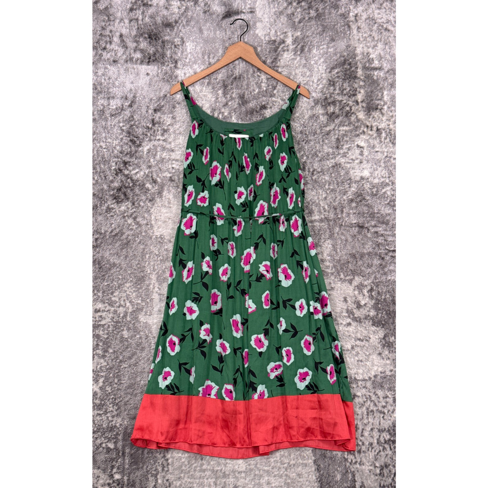 Anthropologie Green Floral Midi Dress with Pink Accents and Coral Hem